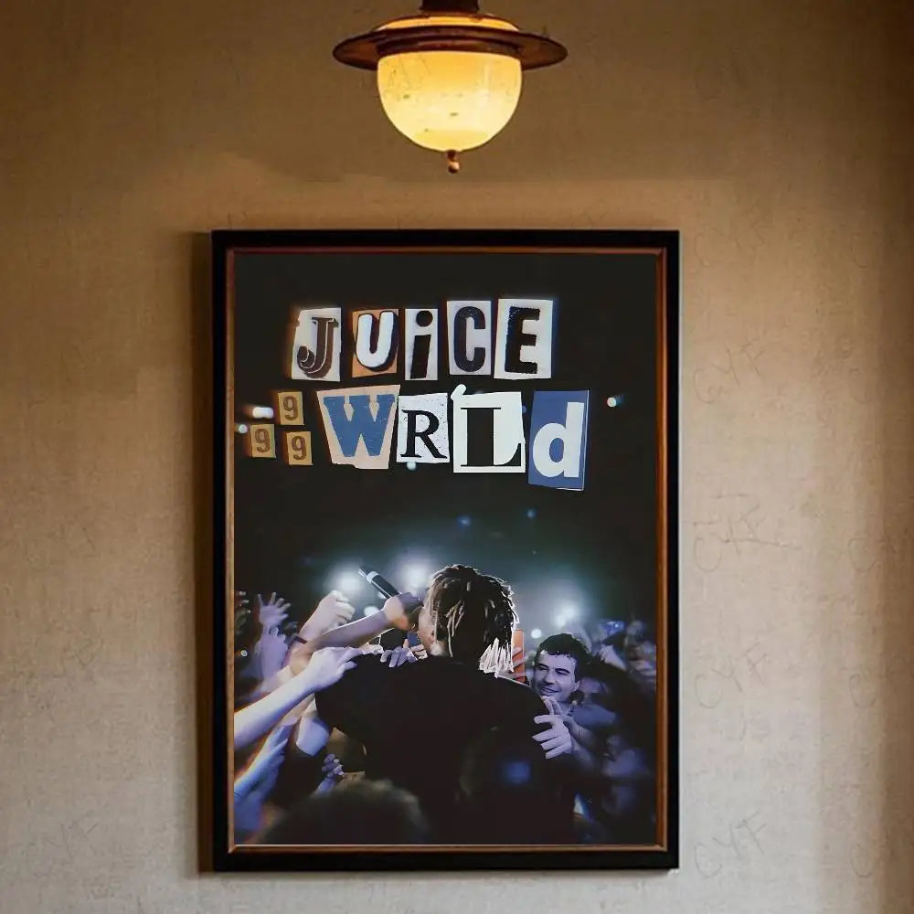 Black-framed waterproof wrld hip hop legends tribute poster with cut-out lettering and concert photo for home decor