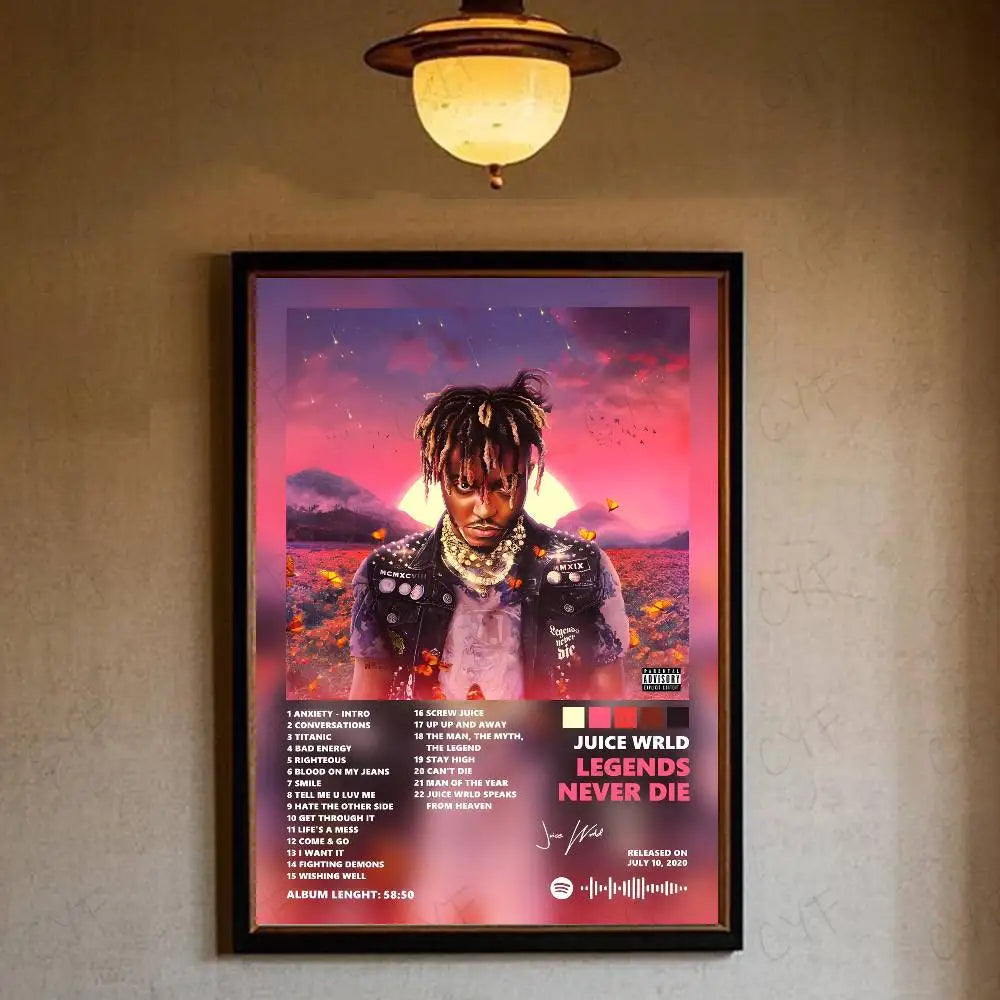 A framed wrld hip hop legends tribute poster with vibrant pink purple sunset and black leather jacket, waterproof home living decor
