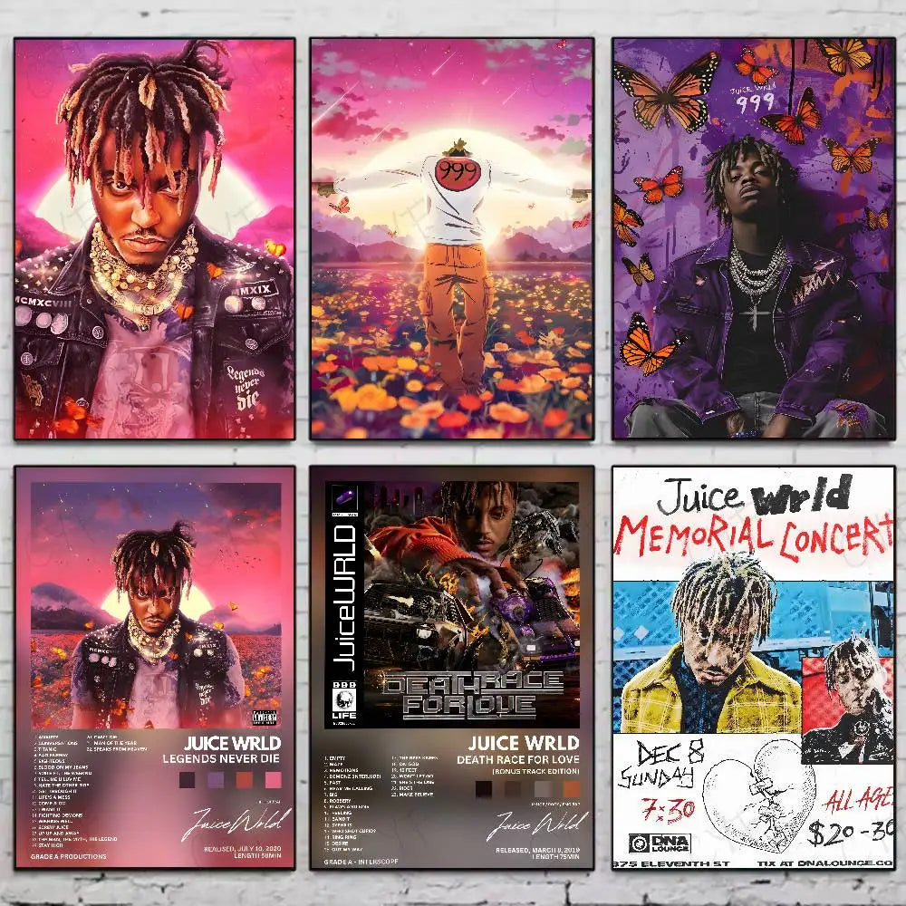 Set of six wrld hip hop album poster paintings in vibrant pink purple orange and yellow for dorm living room decor