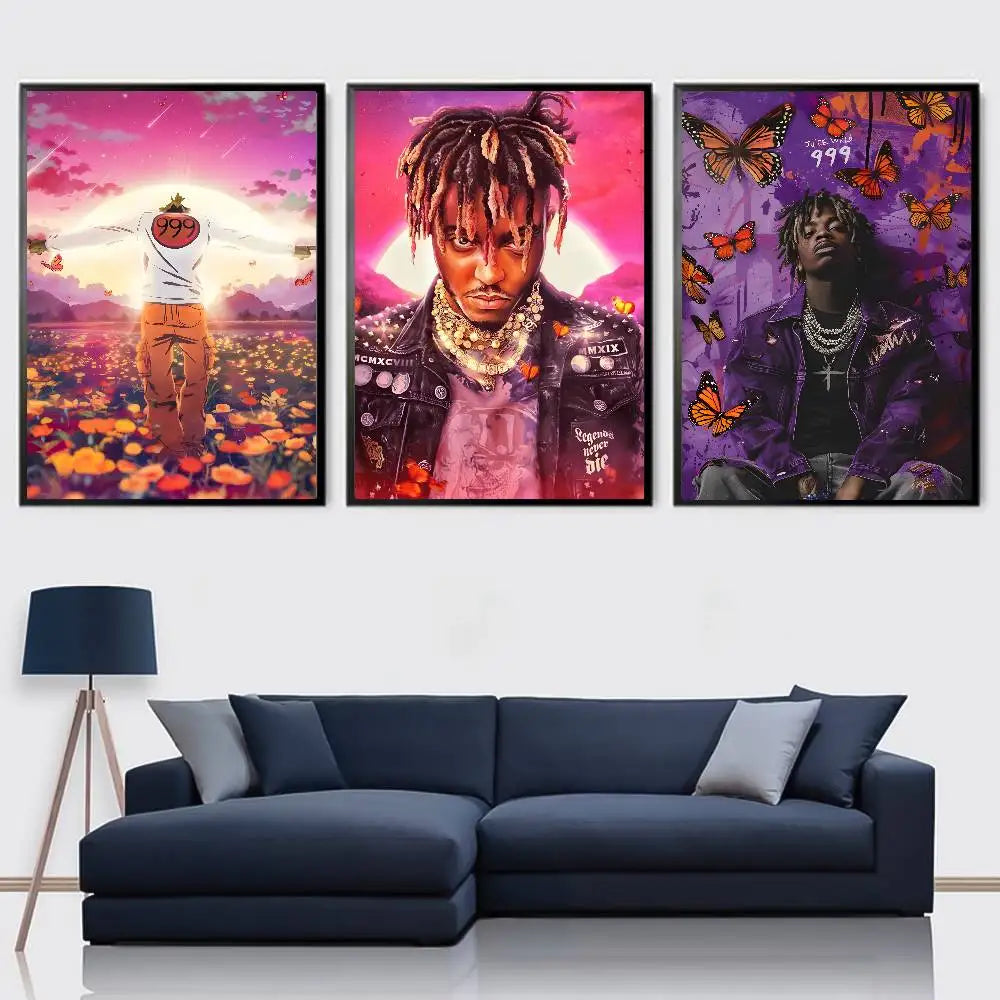 Three framed canvas prints of xxxtentacion with vibrant bold colors and butterfly motifs for wrld hip hop album poster painting