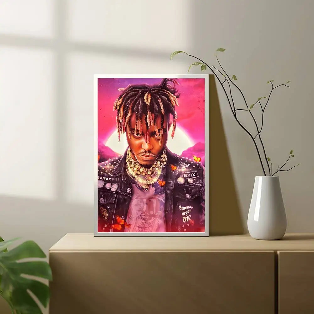Vibrant wrld hip hop album poster painting of xxxtentacion with colorful dreadlocks and gold chains on pink purple background