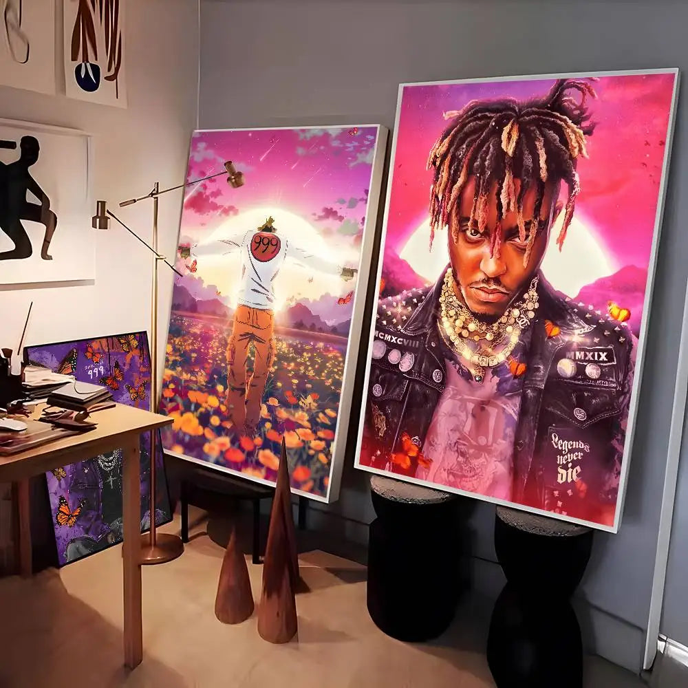 Vibrant pink and purple album poster painting of xxxtentacion in black leather jacket with gold chains for wrld hip hop decor