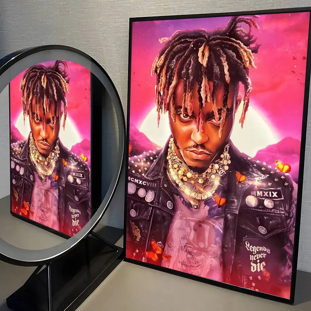 A framed wrld hip hop album poster painting of xxxtentacion in a studded leather jacket with gold chains on pink background