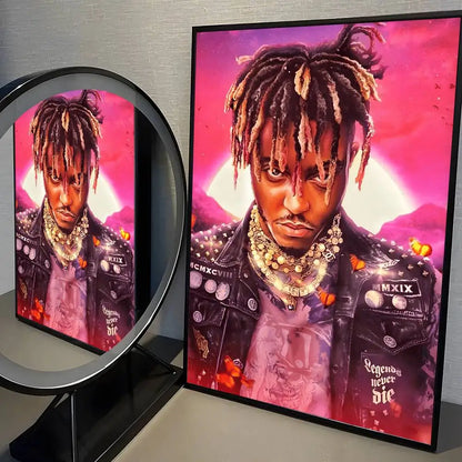 A framed wrld hip hop album poster painting of xxxtentacion in a studded leather jacket with gold chains on pink background