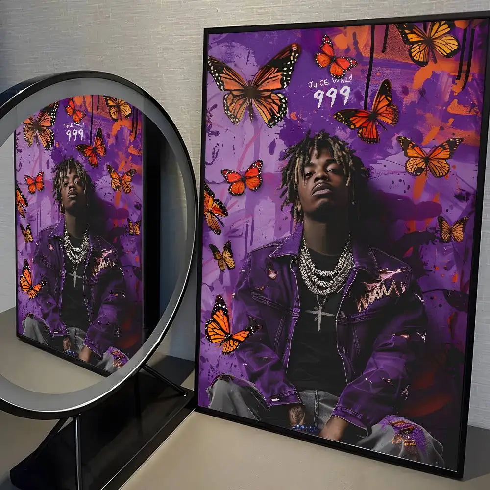 Purple framed juice wrld 999 album poster painting with orange butterflies for wrld hip hop rap singer decor