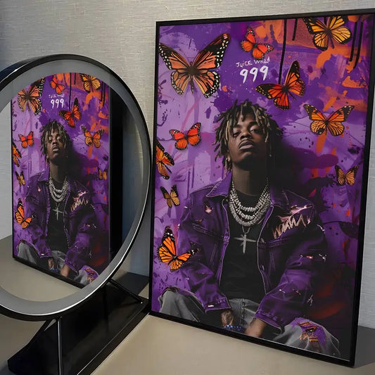 Purple framed juice wrld 999 album poster painting with orange butterflies for wrld hip hop rap singer decor