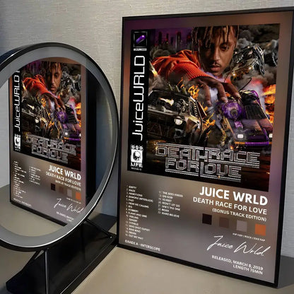 Black-framed wrld hip hop album poster painting with fiery purple and orange design featuring hop rap singer in action pose
