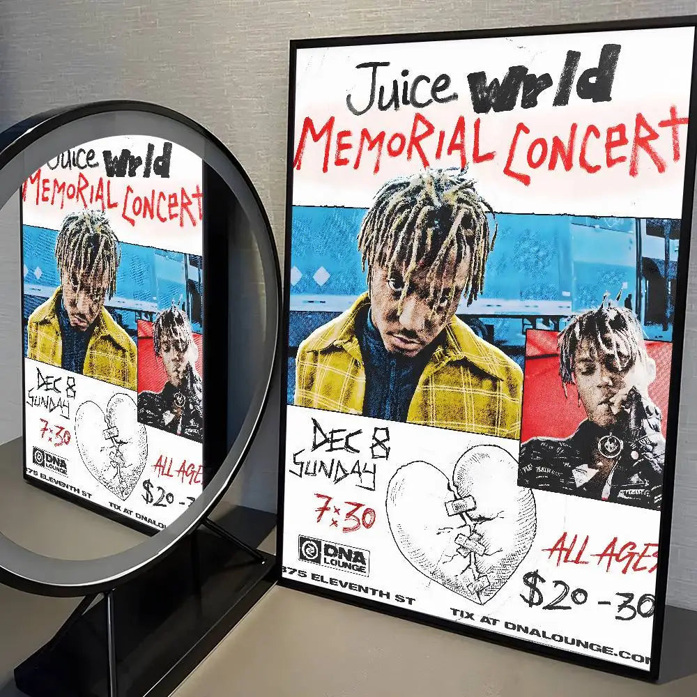 A framed juice wrld hip hop album poster painting featuring the artist in a yellow plaid jacket on blue and red background