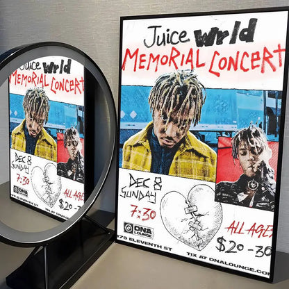 A framed juice wrld hip hop album poster painting featuring the artist in a yellow plaid jacket on blue and red background