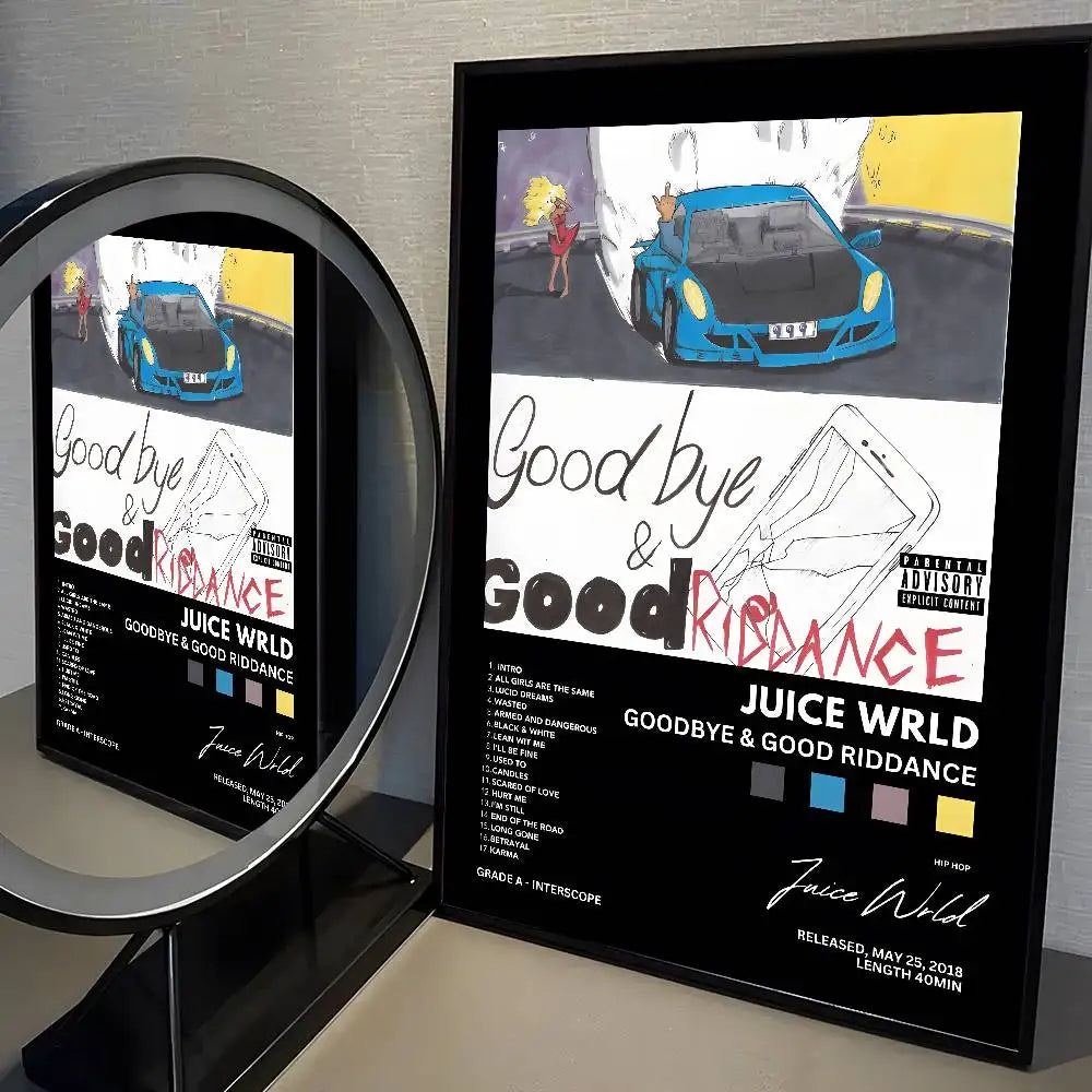 Black-framed wrld hip hop album poster painting featuring a blue cartoon car and goodbye good riddance text for wall art