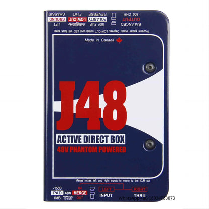 Blue and white j48 professional 1-channel active audio di box with red lettering designed for stereo 48v phantom power in recording studio production