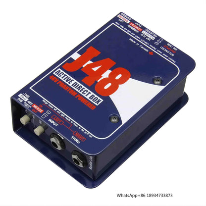 Blue j48 active direct box with red and white branding featuring input output jacks and control knobs for recording studio production audio di box stereo 48v phantom