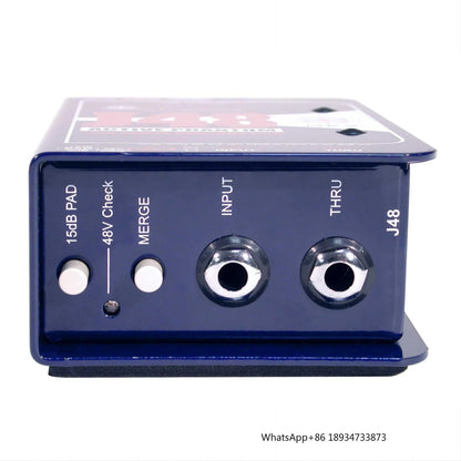 Dark blue metal j48 professional audio di box with silver input output jacks stereo 48v phantom for recording studio production