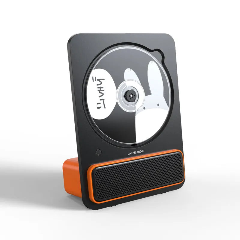 Black and orange jaek audio c30 portable machine phonograph record player with transparent disc holder and white rabbit design