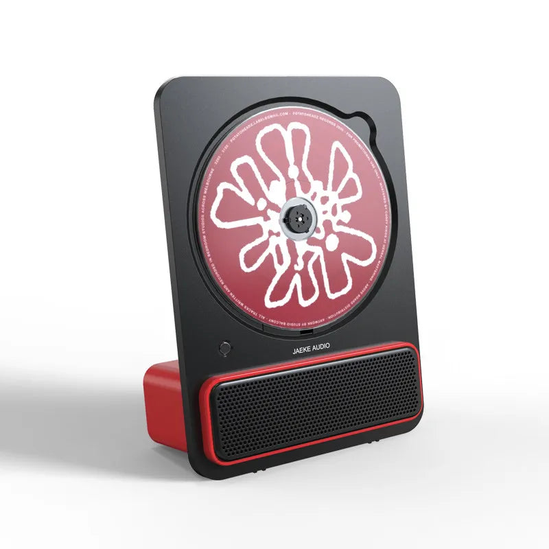 Black and red jaek audio c30 machine phonograph record player with maroon disc and white floral design album player hifi
