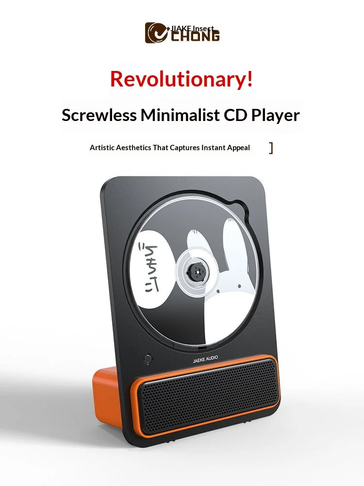 Black and orange jaek audio c30 screwless minimalist album player hifi with transparent disc and white rabbit illustrations