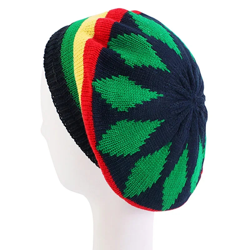 Navy blue printed knitted hat bob rasta with bold green leaf patterns and red yellow green striped hip hop cap band