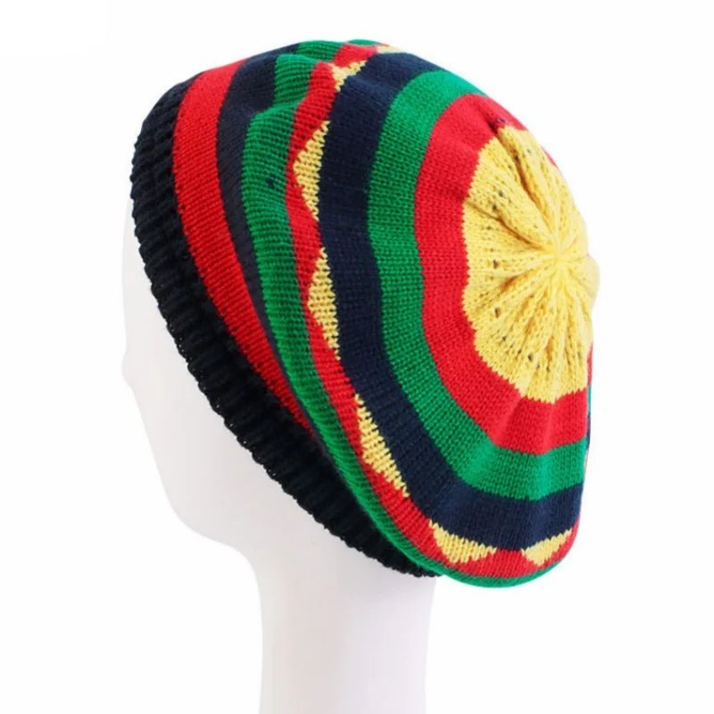 Knitted rasta beanie with bold red green black stripes and yellow sunburst top printed knitted hat hip hop cap