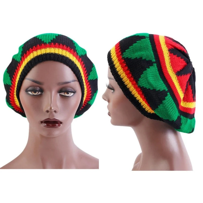 Jamaican multi-colour printed knitted hat bob rasta beanie with ribbed brim and leaf pattern hip hop cap