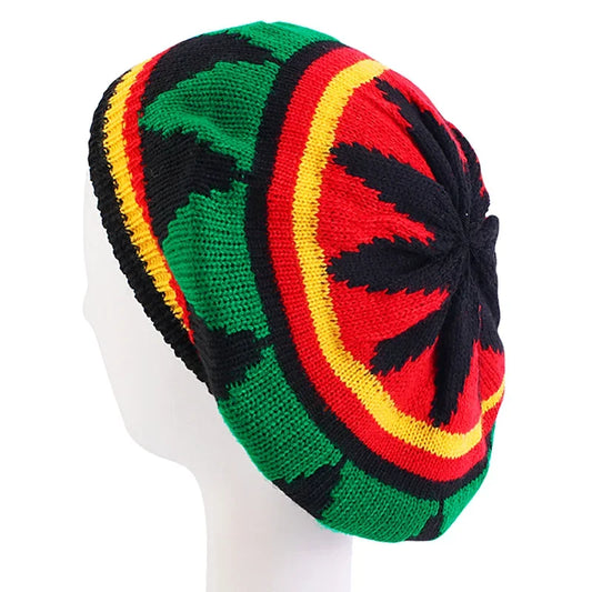 A knitted hat bob rasta with a vibrant printed watermelon slice design in red green yellow black seeds hip hop cap