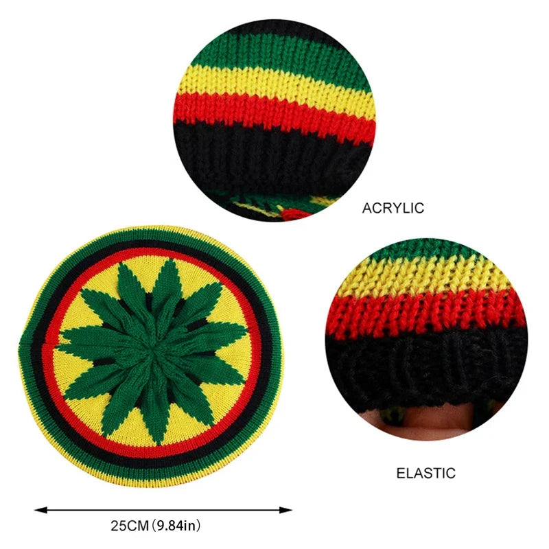 A printed knitted hat bob rasta beanie in vibrant rastafarian colors with an embroidered cannabis leaf design for hip hop style