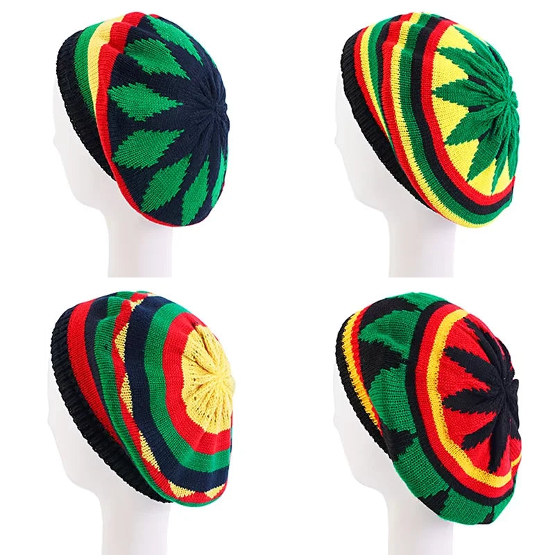 Jamaican multi-colour printed knitted hat bob rasta beanie with vibrant red yellow green black stripes and leaf patterns