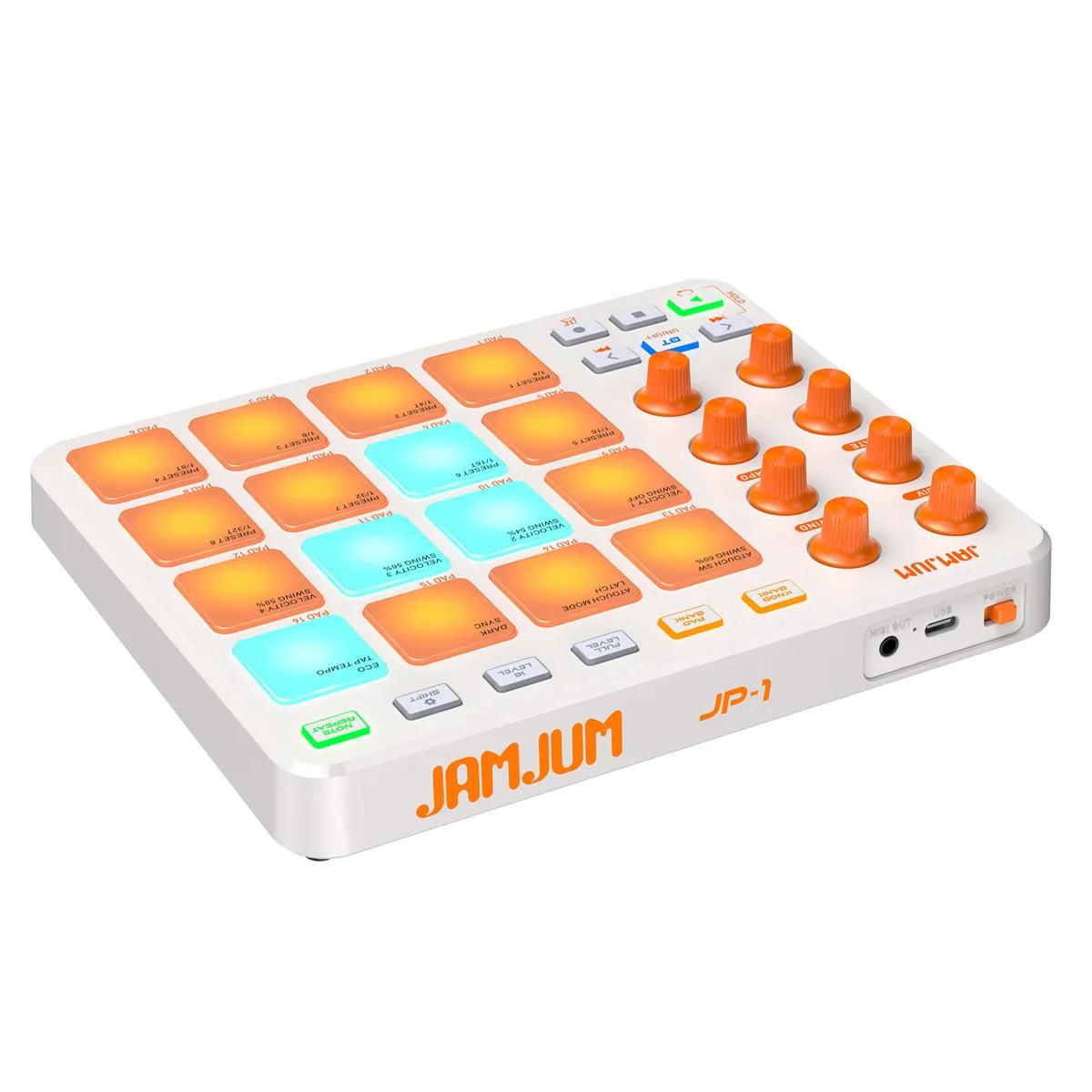 White jamjum jp-1 midi controller with orange knobs and rgb impact pads for low latency midi and seamless music creation