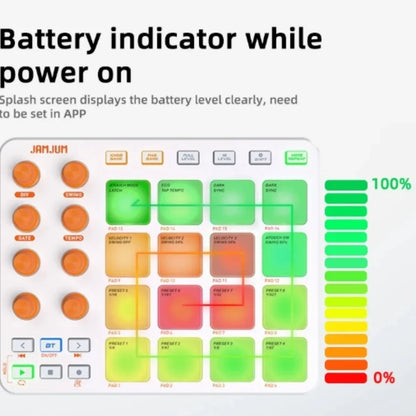 Jamjum jp-1 midi controller battery indicator screen with vibrant green yellow red gradient for seamless music creation and low latency midi