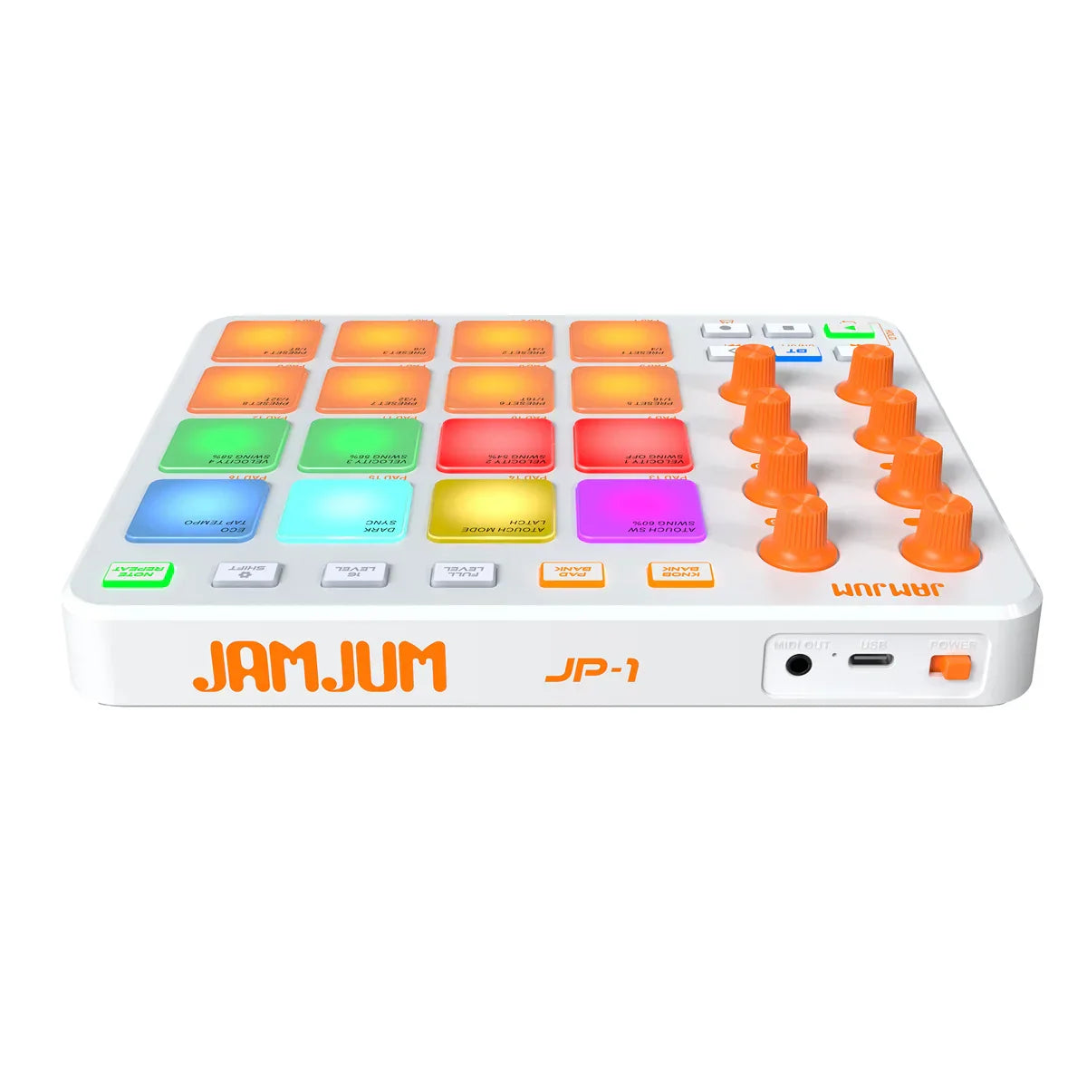 White jamjam jp-1 midi controller with rgb impact pads and orange knobs designed for seamless music creation and low latency midi