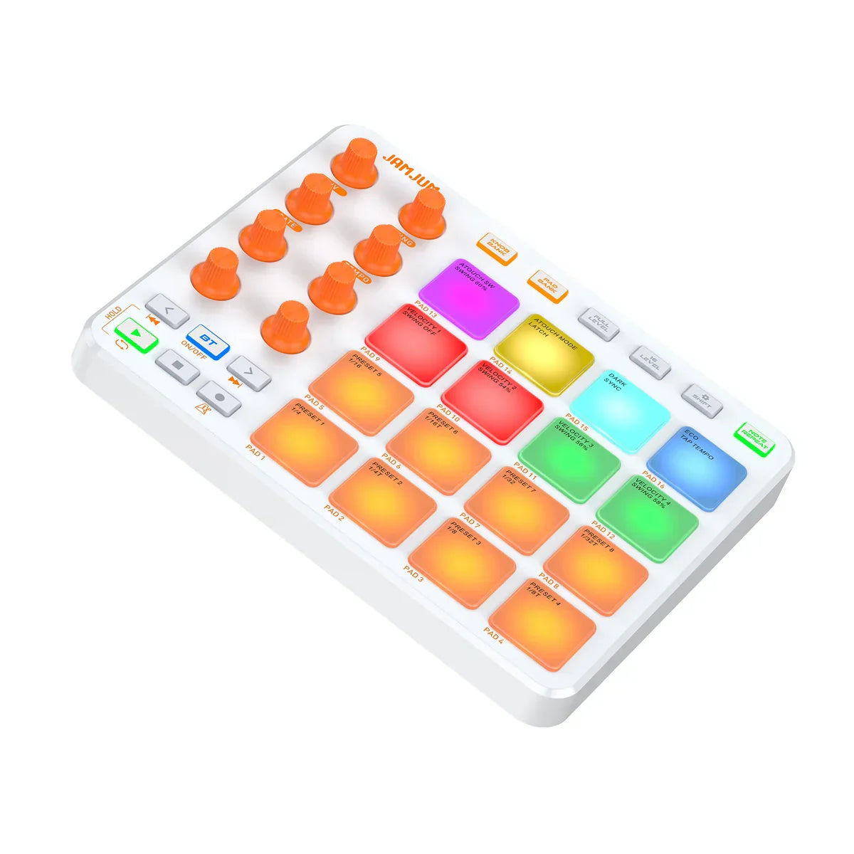 White jamjump jp-1 midi controller with orange knobs and rgb impact pads for seamless music creation and low latency midi performance