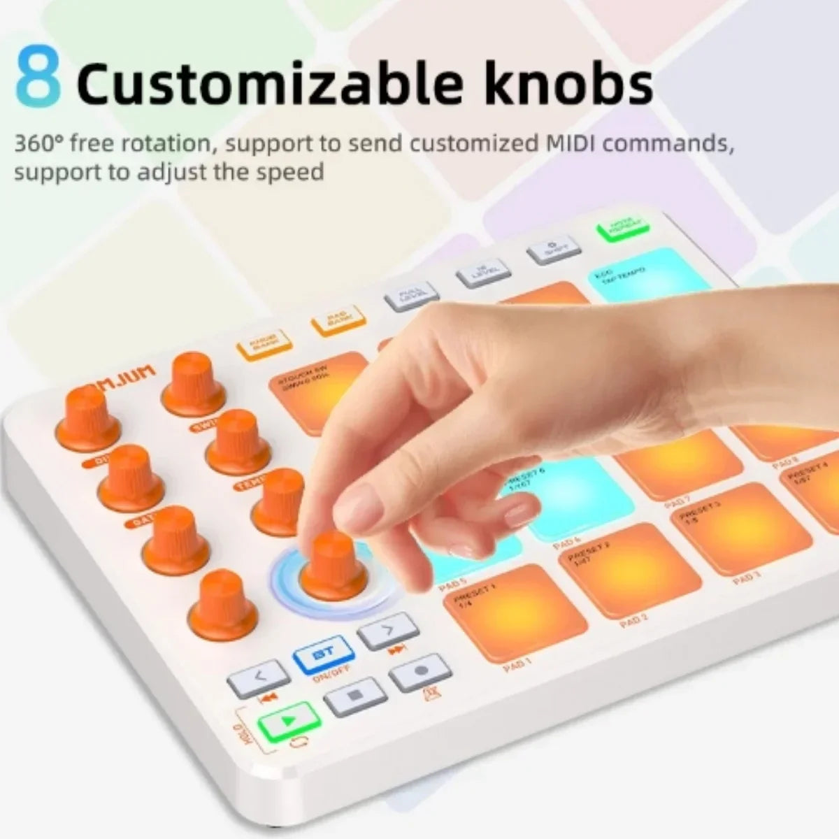 White jamjum jp-1 midi controller with orange customizable knobs and rgb impact pads for seamless music creation and low latency midi