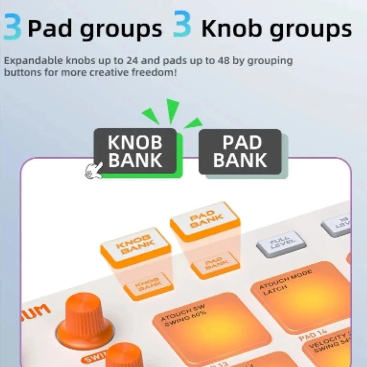 Orange plastic knob and pad banks on jamjum jp-1 midi controller featuring low latency midi and rgb impact pads for seamless music creation