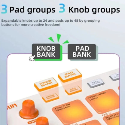 Orange plastic knob and pad banks on jamjum jp-1 midi controller featuring low latency midi and rgb impact pads for seamless music creation