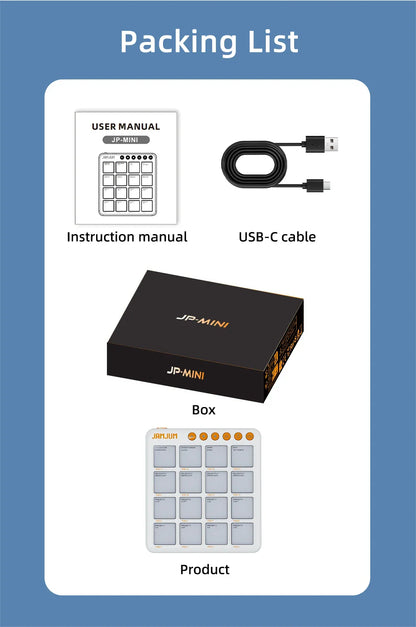 Black rectangular jamjum jp-mini pocket beats midi controller pad with gold branding and 16 rgb backlit pads for music creation