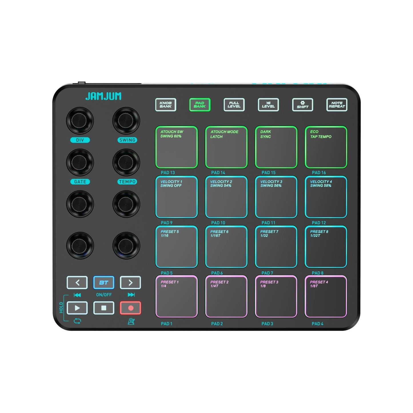 Black jamjum midi controller with rgb strike pad backlight 5mm output interface and illuminated green blue purple pads