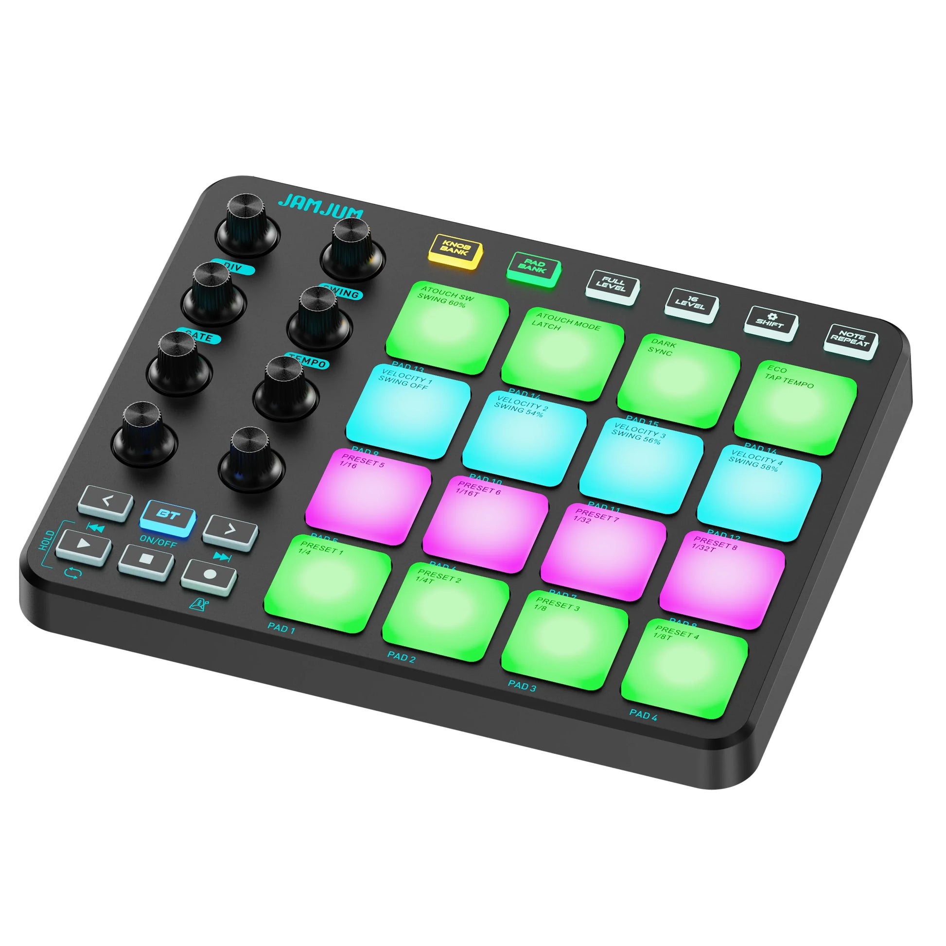 Black jamjum midi controller with rgb strike pad illuminated in green blue and pink and 3.5mm output interface