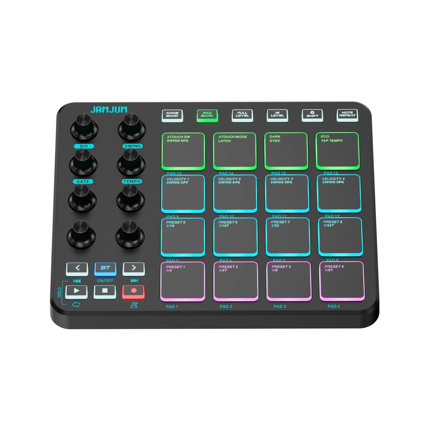 Black jamjum midi controller with rgb strike pad colorful backlit pads rotary knobs and 3.5mm output interface