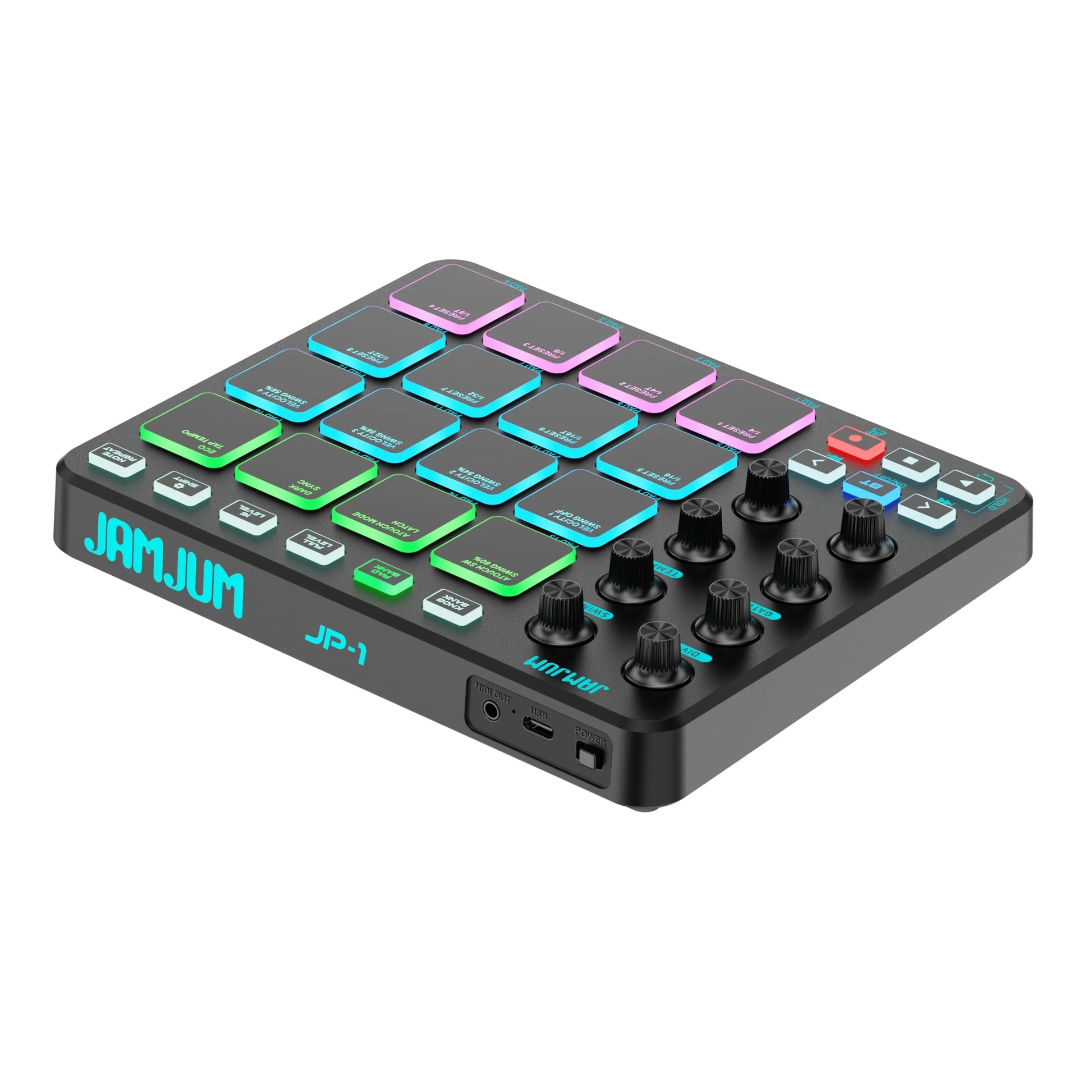 Black jamjum midi controller with rgb strike pad illuminated in green blue and pink and 3.5mm output interface
