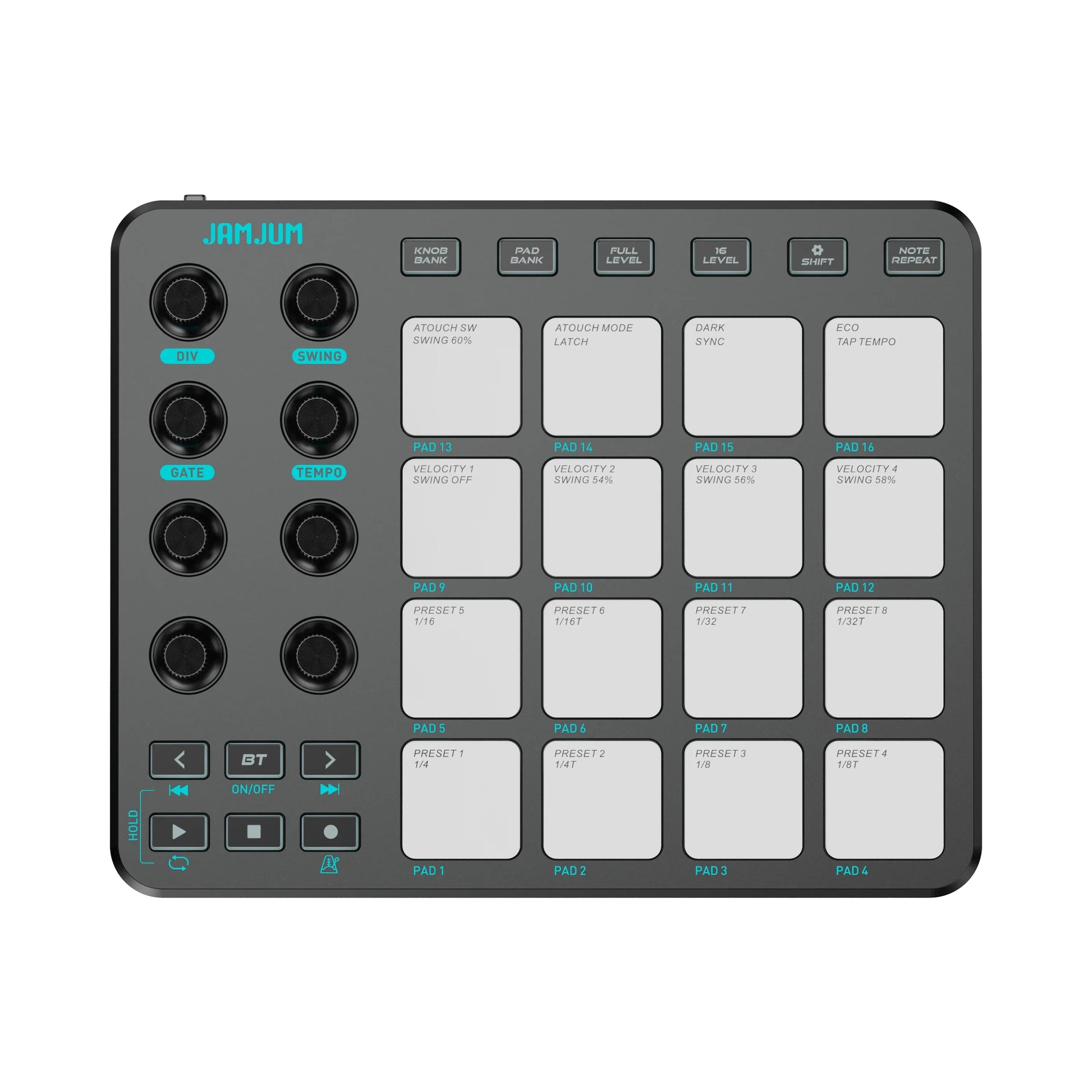 Black jamjum midi controller with teal rgb strike pad backlight 5mm output interface and 16 gray pads