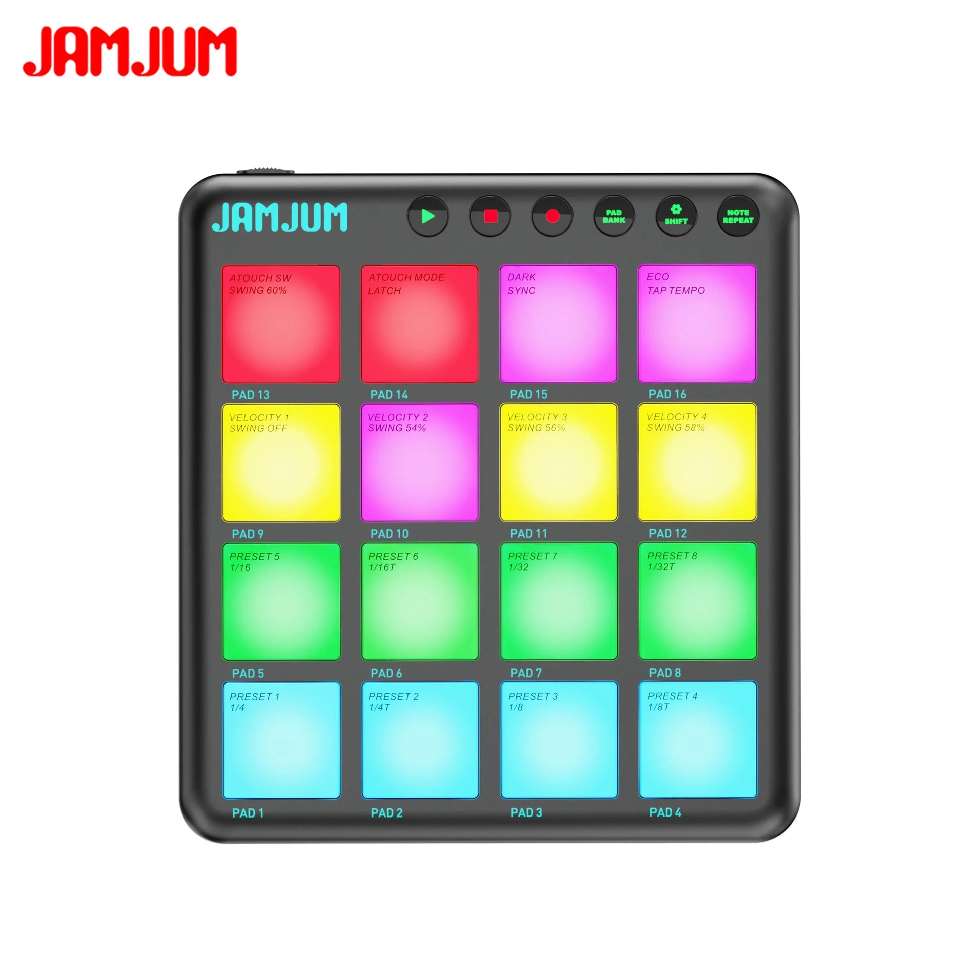 Black jamjum pocket beats wireless midi pad controller with 16 colorful rgb pads bluetooth and battery-powered design