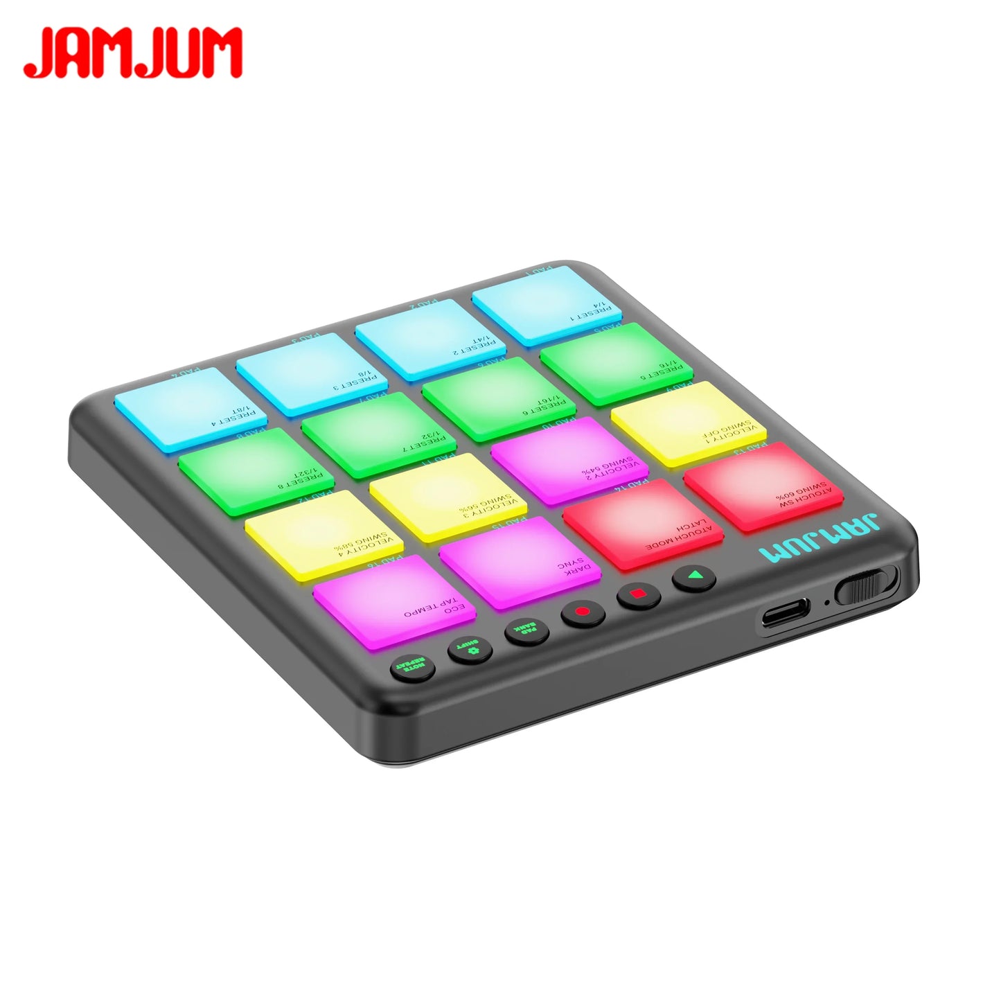 Black jamjum pocket beats wireless midi pad controller with 16 colorful rgb pads and bluetooth for music production