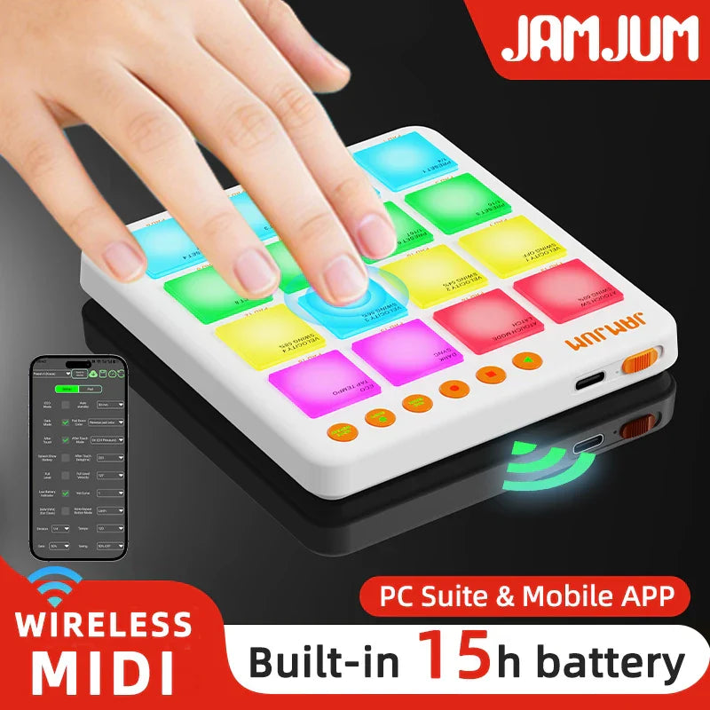 White jamjum pocket beats wireless midi pad controller with 16 rgb pads bluetooth and orange buttons for music production