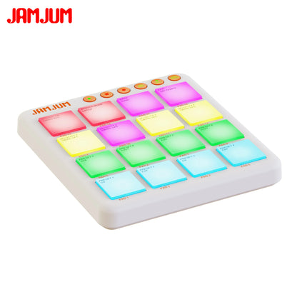 White jamjum pocket beats wireless midi pad controller with 16 colorful rgb pads and orange function buttons bluetooth enabled