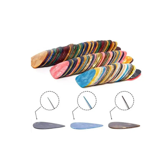 A vibrant assortment of pearlescent pcs guitar picks in thin medium and heavy gauges for bass electric stringed instruments