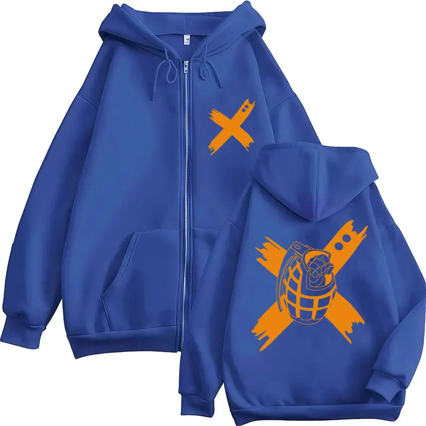 Royal blue fleece hero academia zip hoodie showing bold orange grenade cross graphic on back hoodies harajuku fashion vintage sweatshirt men