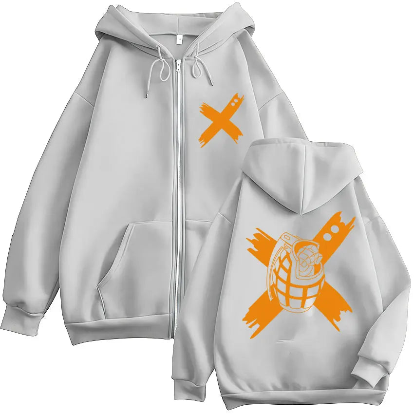 Light gray fleece zip up hoodie with bold orange grenade graphic for hero academia zip hoodies harajuku fashion vintage sweatshirt men