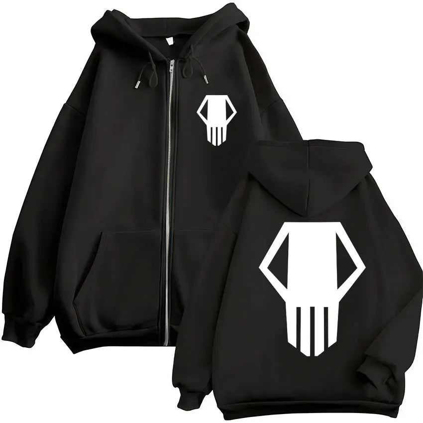 Black fleece hero academia zip hoodie with white skull logo on front and back for hoodies harajuku fashion vintage sweatshirt men