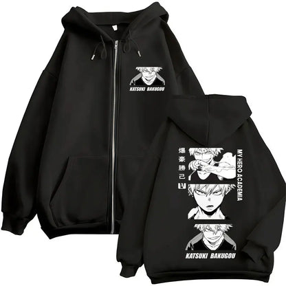 Black zip up hoodie with white katsuki bakugou graphic print in fleece vintage sweatshirt men fashion for hero academia zip fans