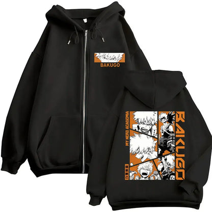 Black fleece zip-up hoodie featuring bold orange and white my hero academia bakugo graphics for vintage sweatshirt men and hoodies harajuku fashion