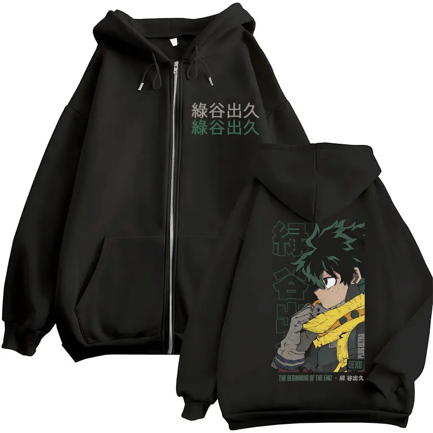 Black zip up hero academia zip hoodie with green hair anime character and japanese text vintage sweatshirt men harajuku fashion